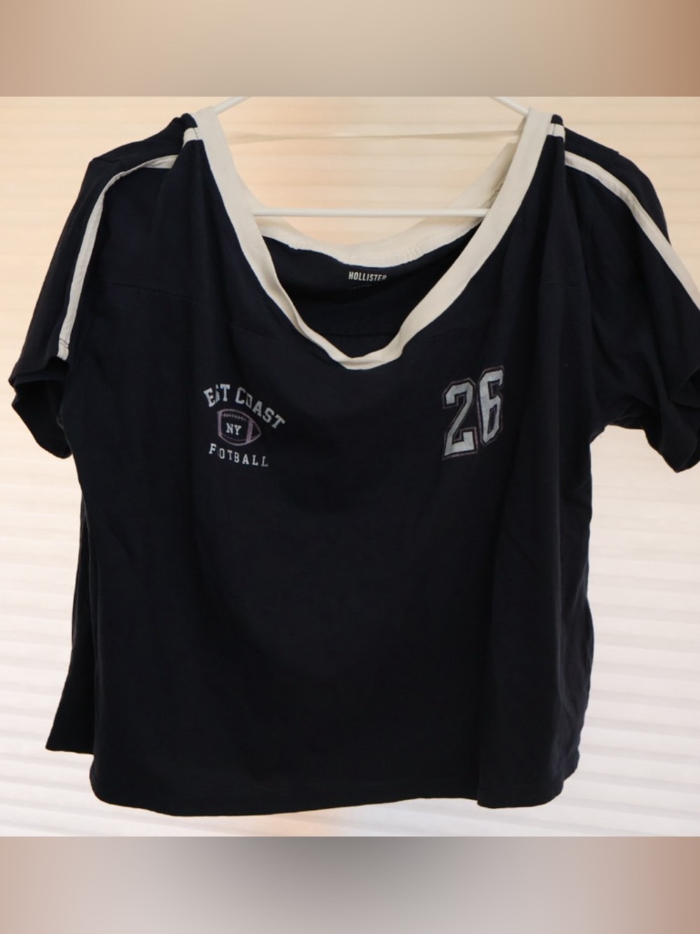 Hollister Women's Navy Football Off The Shoulder Tee with Cream Trim